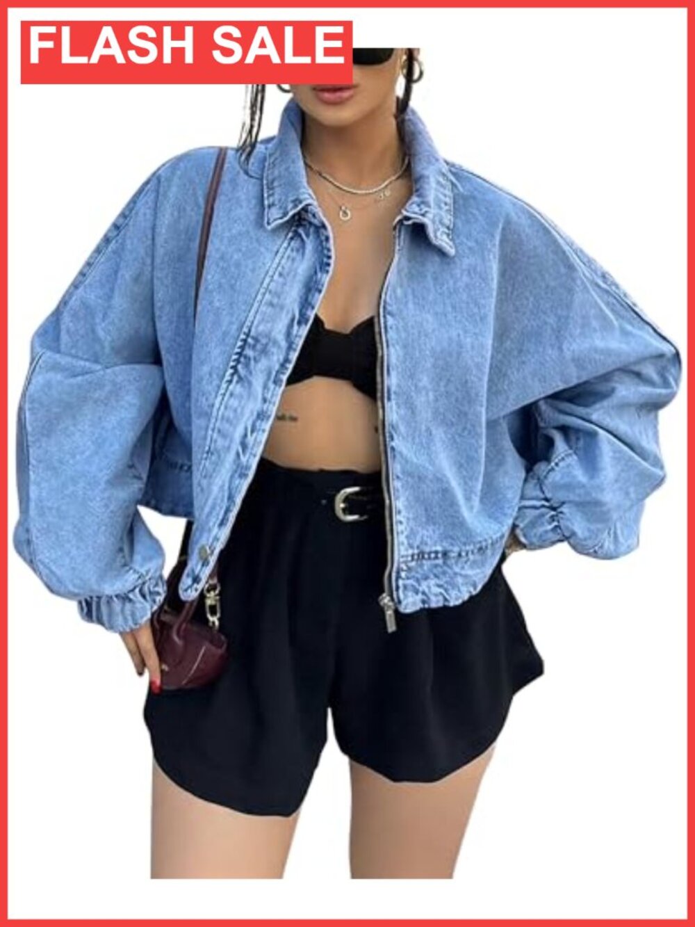 Oversized Cropped Denim Jacket Zip Up Light Wash Women's